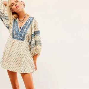 NWT Free People Sweet Southwest Embroidered Tee Mini Dress Cream Blue XL
